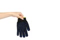 Dark blue protective cloth gloves with hand, handyman equipment Royalty Free Stock Photo