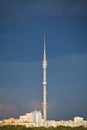 Dark blue rainy sky over Ostankinskaya TV tower Royalty Free Stock Photo