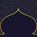 Dark blue Ramadan geometric motif in arabesque door shape background with golden color frame