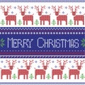 Dark blue, red and green Scandinavian inspired Merry Christmas nordic pattern with 2 rows of reindeer patten, snowflakes, trees, Royalty Free Stock Photo