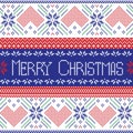 Dark blue, red and green Scandinavian Merry Christmas seamless pattern in Nordic style cross stitch knitting style with hearts, f