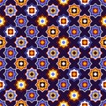 Dark blue and red and yellow colorful geometric arabic star shapes seamless pattern, vector