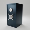 Dark blue Safe box font view on gray background. closed metallic safe box. Realistic metal safe. Close security blue metal safe.