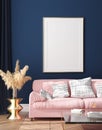 Dark blue Scandinavian home interior with retro furniture, poster wall mock-up in living room Royalty Free Stock Photo