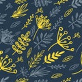 Dark blue seamless pattern of yellow branches, leaves and berries viburnum