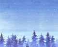 Dark blue silhouettes of slender fir trees. Watercolor hand drawn illustration with Winter Forest. Royalty Free Stock Photo