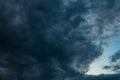 Dark Blue sky background with evening fluffy curly rolling altocumulus altostratus clouds