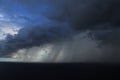 Dark Blue Sky With Storm Clouds Over Horizon. Thunderstorm On The Ocean. Natural Phenomena Of Nature.