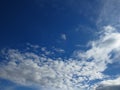 Dark blue sky and white grayish clouds. Stormy gloomy rainy weather forecast. Environment, air, weather forecast concept.