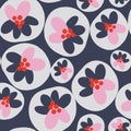 Dark Blue with small ditsy florals and petals in a circle seamless pattern background design.