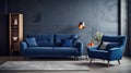 Dark blue sofa and recliner chair in Scandinavian apartment. Interior design of modern living room Royalty Free Stock Photo