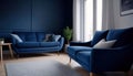 Dark blue sofa and recliner chair in Scandinavian apartment. Interior design of modern living room Royalty Free Stock Photo