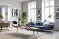 Dark blue sofa and recliner chair in scandinavian apartment. Interior design of modern living room. Created with generative AI Royalty Free Stock Photo