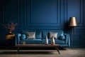 Dark blue sofa and recliner chair in scandinavian apartment. Interior design of modern living room Royalty Free Stock Photo