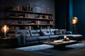 Dark blue sofa and recliner chair in scandinavian apartment. Interior design of modern living room Royalty Free Stock Photo