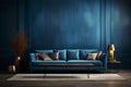 Dark blue sofa and recliner chair in scandinavian apartment. Interior design of modern living room Royalty Free Stock Photo