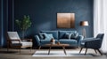 Dark blue sofa and recliner chair in Scandinavian apartment. Interior design of modern living room Royalty Free Stock Photo