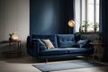 Dark blue sofa and recliner chair in scandinavian apartment Royalty Free Stock Photo