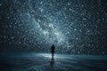 Dark blue space scape. Small silhouette of a human on the galaxy background of the starry sky. Concept of infinity of the universe Royalty Free Stock Photo