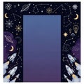 Dark blue space-themed border featuring rockets with bright orange exhaust, stars, planets, and Royalty Free Stock Photo