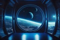 Dark blue spaceship interior with window view of space and planets. Ai generated