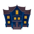 Dark blue spooky house with a gray roof and curved walls. Vector illustration.