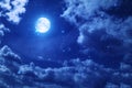 Dark blue starry night cloudy sky big moon universe cosmic cloudy background