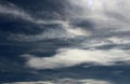 Dark blue stormy cloudy sky natural photo background. Royalty Free Stock Photo