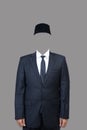 dark blue suit and black hat man mockup without face on white. edit photo