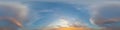 Panorama of a dark blue sunset sky with golden Cumulus clouds. Seamless hdr 360 panorama in spherical equiangular format Royalty Free Stock Photo