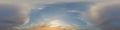 Panorama of a dark blue sunset sky with golden Cumulus clouds. Seamless hdr 360 panorama in spherical equiangular format Royalty Free Stock Photo