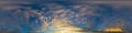 Panorama of a dark blue sunset sky with golden Cumulus clouds. Seamless hdr 360 panorama in spherical equiangular format Royalty Free Stock Photo