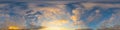 Panorama of a dark blue sunset sky with golden Cumulus clouds. Seamless hdr 360 panorama in spherical equiangular format Royalty Free Stock Photo