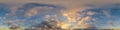 Golden glowing sunset sky panorama with Cirrus clouds. Hdr seamless spherical equirectangular 360 panorama. Sky dome or Royalty Free Stock Photo