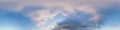 Dark blue sunset sky panorama with pink Cumulus clouds. Seamless hdr 360 panorama in spherical equirectangular format