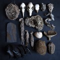 Dark blue surface with different ancient shells, skulls, and nest