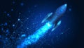 A dark blue tech background serves as the setting for a digital illustration of a rocket launch, where glowing connected dots and Royalty Free Stock Photo