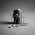 Dark Blue Thread Spool with Tangled Silver Chain on Grey Backdrop Dramatic Light Creates Strong Shadows Thread Arts and Crafts Royalty Free Stock Photo