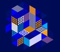 Dark blue vector abstract geometric background with cubes and different rhythmic shapes, isometric 3D abstraction art displaying Royalty Free Stock Photo