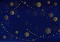 Dark blue velvet background decorated with golden snowflakes and pearls Royalty Free Stock Photo