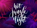 Dark blue and violet tropical party design with palm leaves and neon letters. Summer night vector illustration.