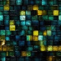 Dark blue wall with green and yellow tiles in rustic abstraction style (tiled)