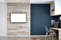 Dark blue wall home office, TV screen mock up