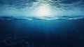 Dark blue water of a deep sea with sun glare in the sky. Generative AI Royalty Free Stock Photo