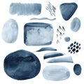 Dark blue Watercolor shape and dots on isolated white background, abstract indigo elements