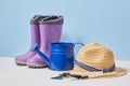 Dark blue watering can small shovels straw hat and baby rubber boots on a wooden table Royalty Free Stock Photo