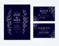 Dark blue wedding invitation card template with vector peony and roses. Royalty Free Stock Photo