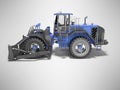 Dark blue wheel bulldozer for working with stones 3D rendering on gray background with shadow