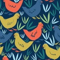 Dark blue with whimsical Easter chickens seamless pattern background design.