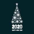 Dark blue and white background with 2020, christmas fir tree, english text. Happy New Year, festive greeting card Royalty Free Stock Photo